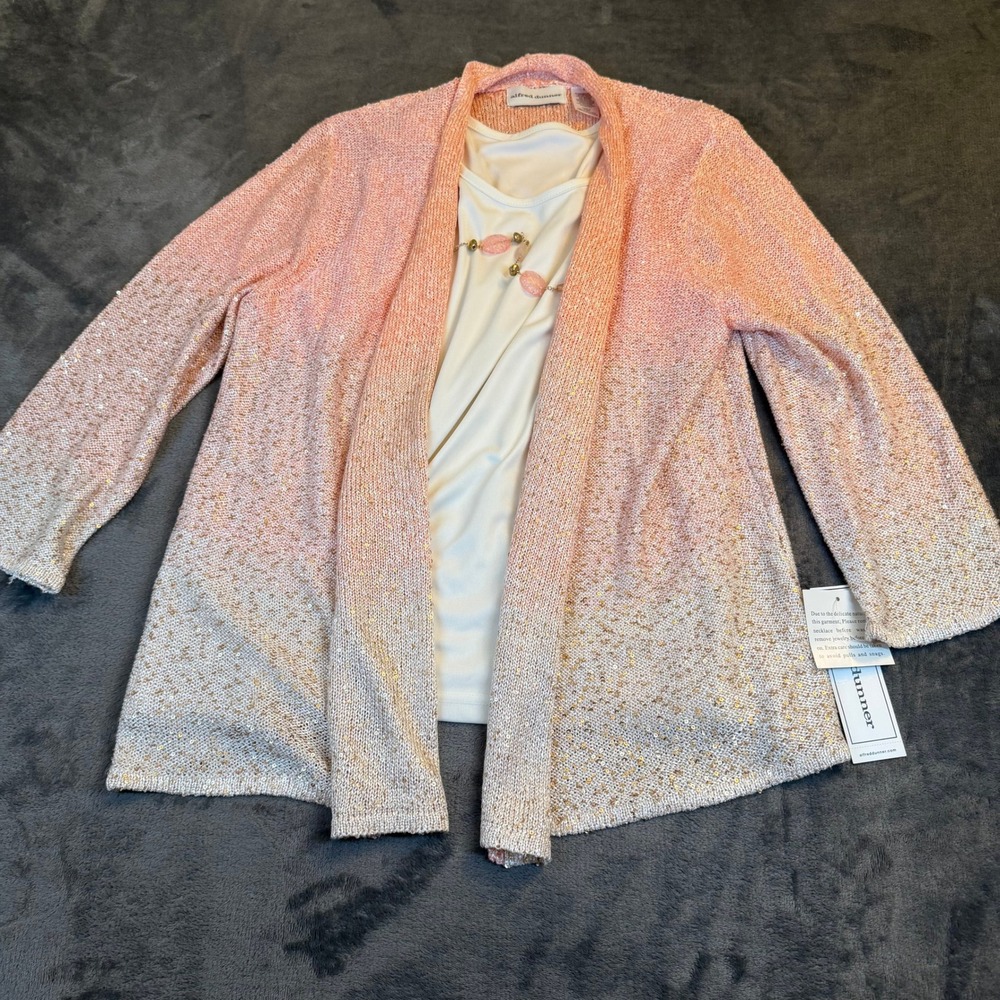 Alfred Dunner Cardigan Tank Set Womens Large Pink Gold Ombre Sequin Necklace NWT